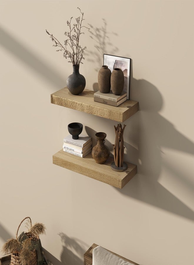 Acovy 8 INCH DEEP Rustic Reclaimed Barnwood Floating Shelves Wall Mounted, Wall Shelves with Invisible Bracket for Living Room, Bathroom, Bedroom and Kitchen, 24 Inch Width Set of 2, Natural - Image 2